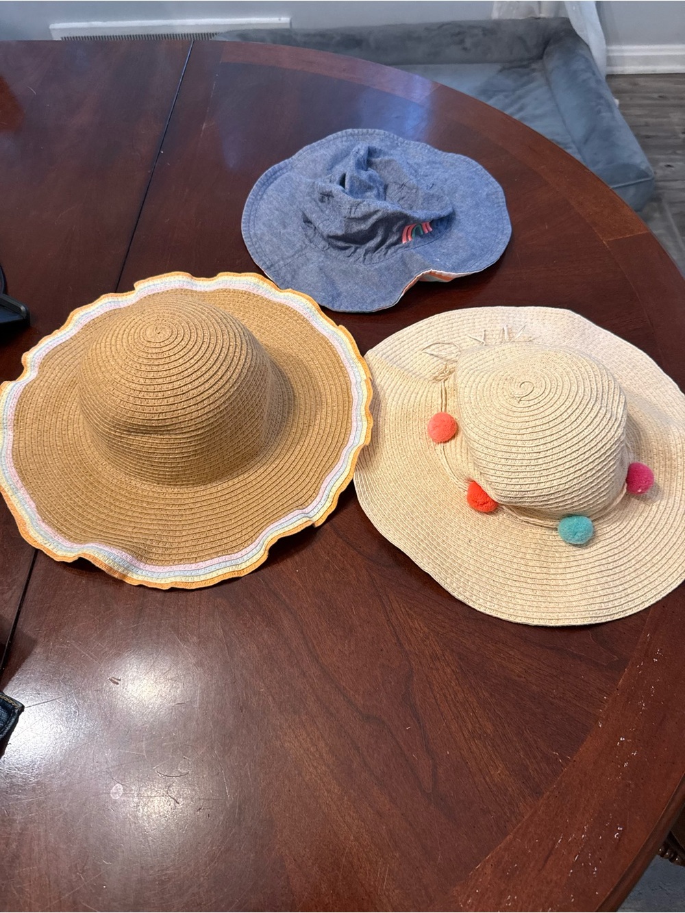 3 Girls' Sun Hats with Pom-Pom Trim, ribbon trim and denim reversible